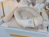 3-er SET - Wickelauflage, Bettschlange, Babynest - Waffelpique hellbeige / Baumwollfleece hellbeige