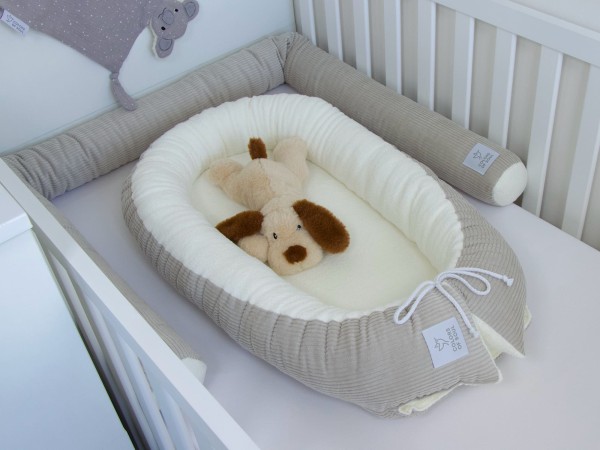 2-er SET - Babynestchen, Bettschlange - Kord hellbeige / Baumwollfleece creme