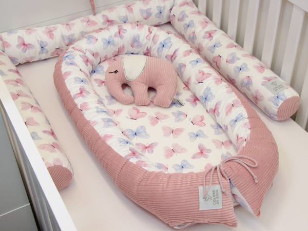 2er Set Babynestchen und Bettschlange Cord Altrosa mit Schmetterlinge Aquarell