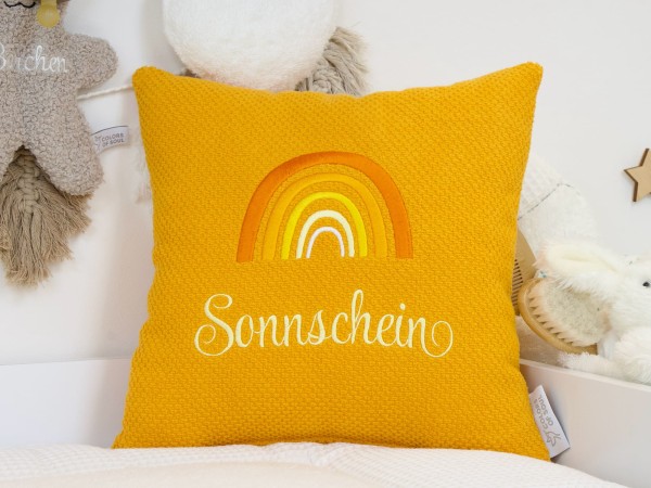 Regenbogen Kissen personalisiert - Waffelpique BeBe gelb