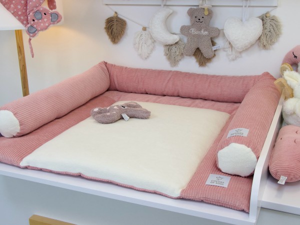 2-er SET - Wickelauflage, Bettschlange - Kord altrosa / Baumwollfleece creme