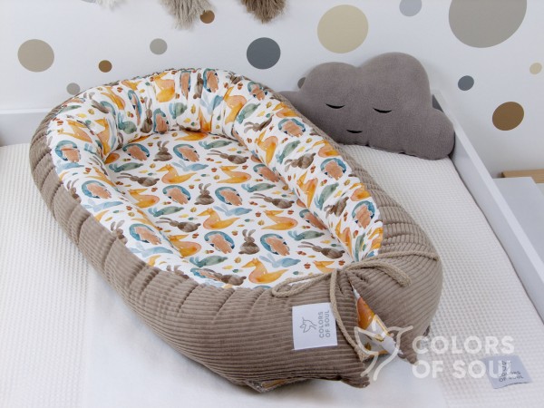 Babynestchen - Kordstoff camel / Waldtiere Aquarell