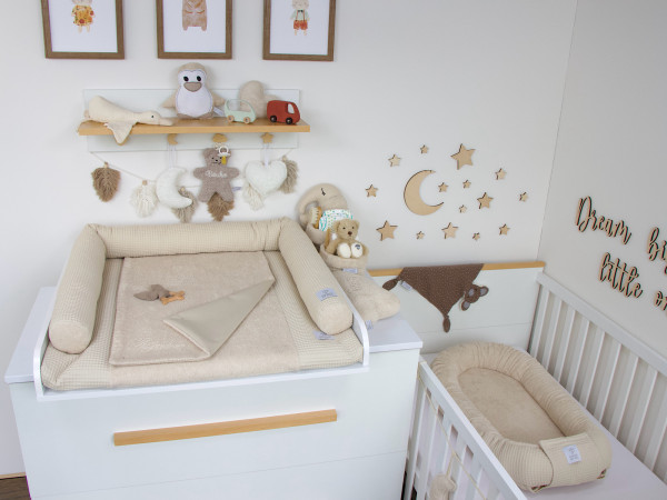 3-er SET - Wickelauflage mit Inlett, Babynest, Bettschlange - Waffelpique, Frottee: light sand