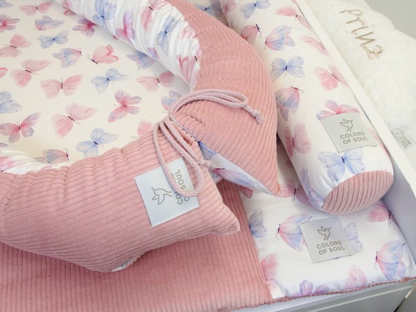 3er Set Babynestchen Wickelauflage Bettschlange Cord Altrosa
