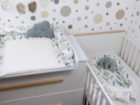 3-er SET - Wickelauflage, Bettrolle, Babynest - Eukalyptuszweige Aquarell / Waffelpique grob creme