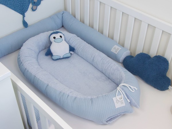2-er SET - Babynestchen, Bettschlange - Waffelpique hellblau / Frottee hellblau