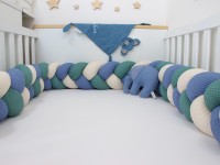 Bettschlange geflochten: Waffelpique altgrün, blau, hellbeige