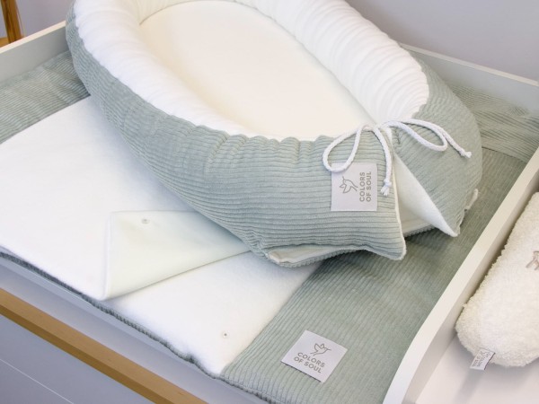 2er Set Wickelauflage und Babynestchen aus Cord Mint und Baumwollfleece Creme