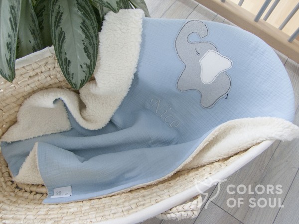 Kuscheldecke - Musselin Uni blau / Teddyplüsch creme