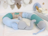 Bettschlange Elefant personalisiert mit Namen - beige / hellblau