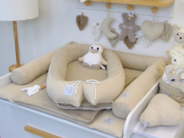 3-er SET - Wickelauflage, Bettschlange, Babynestchen - Waffelpique beige / Frottee beige