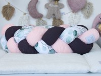 Geflochtene Bettschlange - Silberdollar-Eukalyptus Aquarell / Waffelpique hellrosa, dunkelgrau