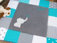 Patchwork Krabbeldecke Türkis mit Elefant und Namensstickerei