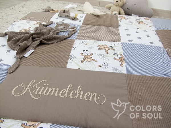 Patchwork Krabbeldecke - niedliche Affen / Kord camel / taupe