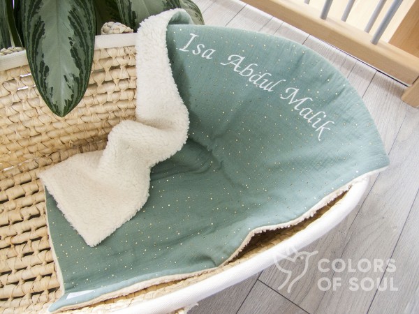 Babydecke - Musselin mit goldenen Punkten mint / Teddyplüsch creme