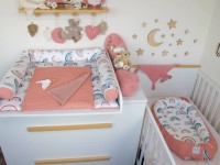 3-er SET - Wickelauflage, Bettschlange, Babynest - pastell Regenbogen und Herzen / Waffelpique blush