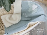 Kuscheldecke - Musselin mit weißen Punkten mint / Teddyplüsch creme
