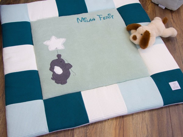 Waffelpique Patchwork Rand in Pastellmint, Petrol und Creme – strukturierter Baumwollstoff